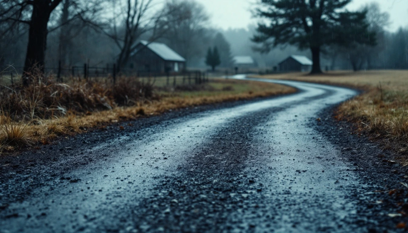 Rain-darkened chip-seal driveway winding toward a rural property