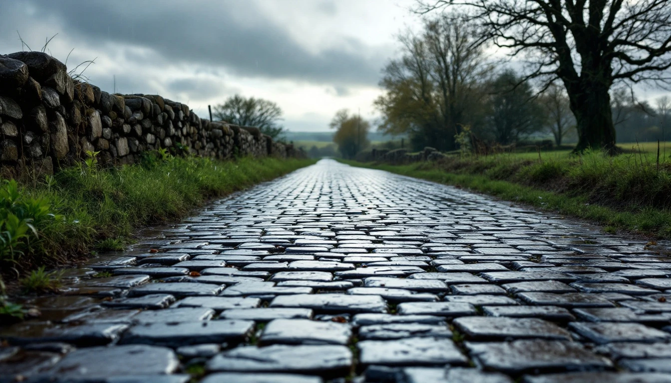 Rain slick cobblestone lane leading through open countryside