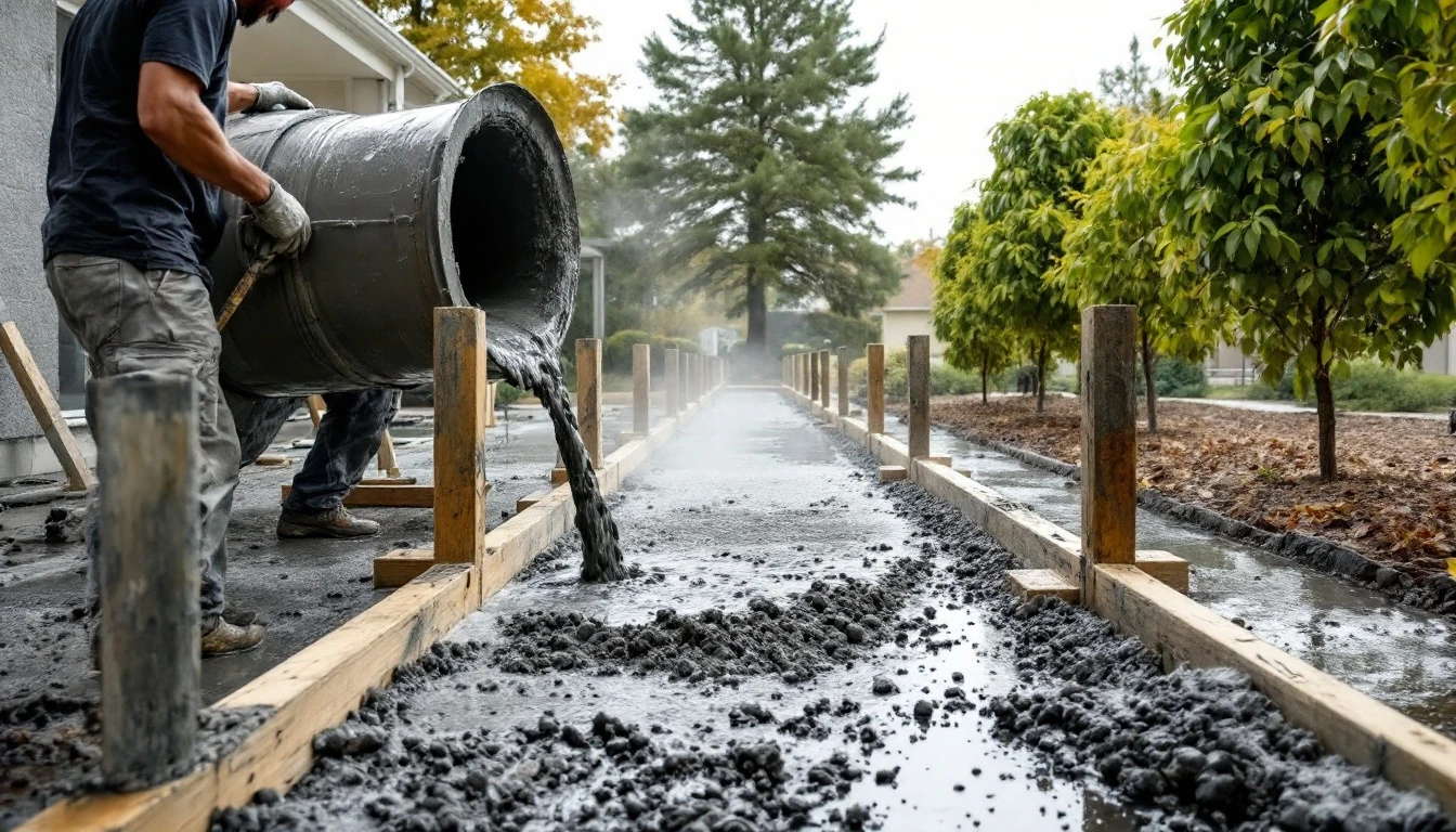 Wet concrete flowing from chute into timber forms