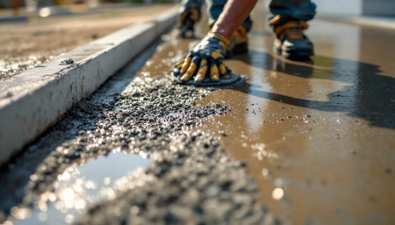 Wet concrete driveway surface being leveled between straight form boards