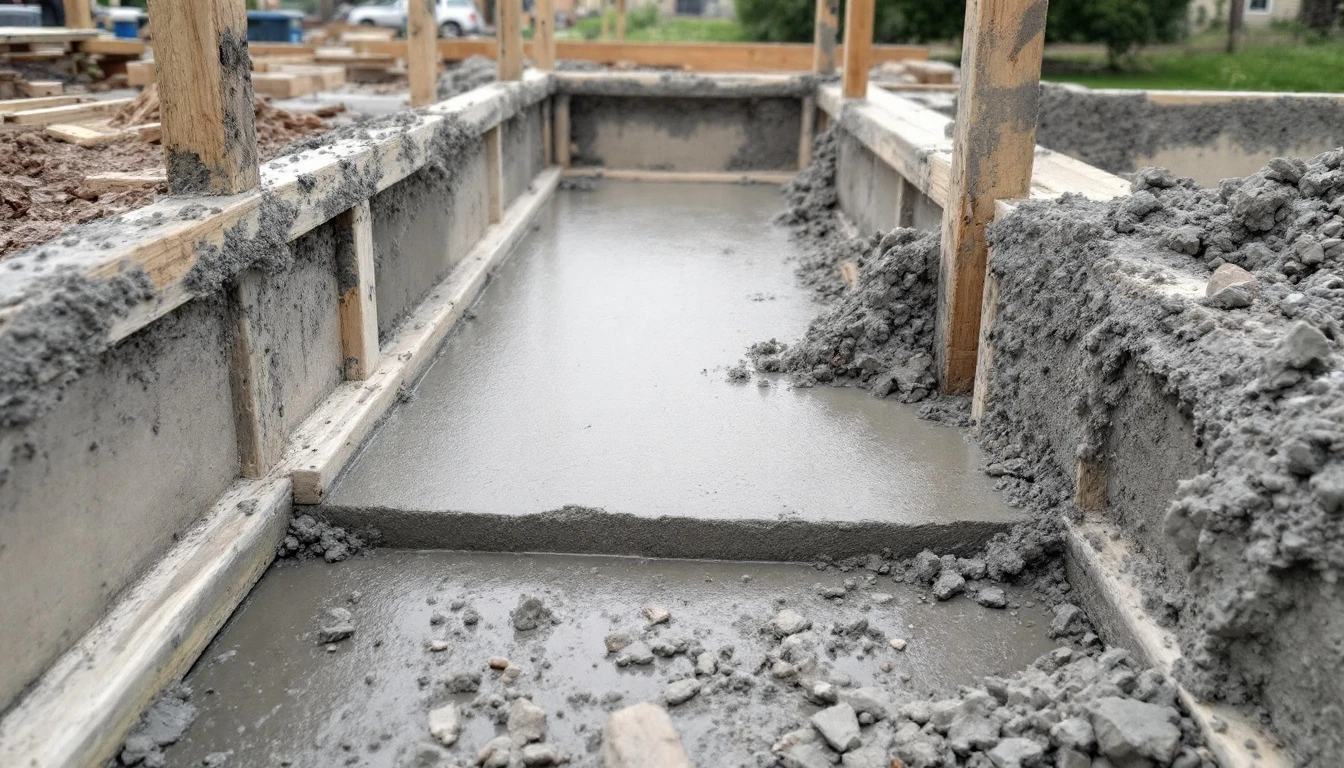 Wet concrete patch spread between wooden forms under gray light