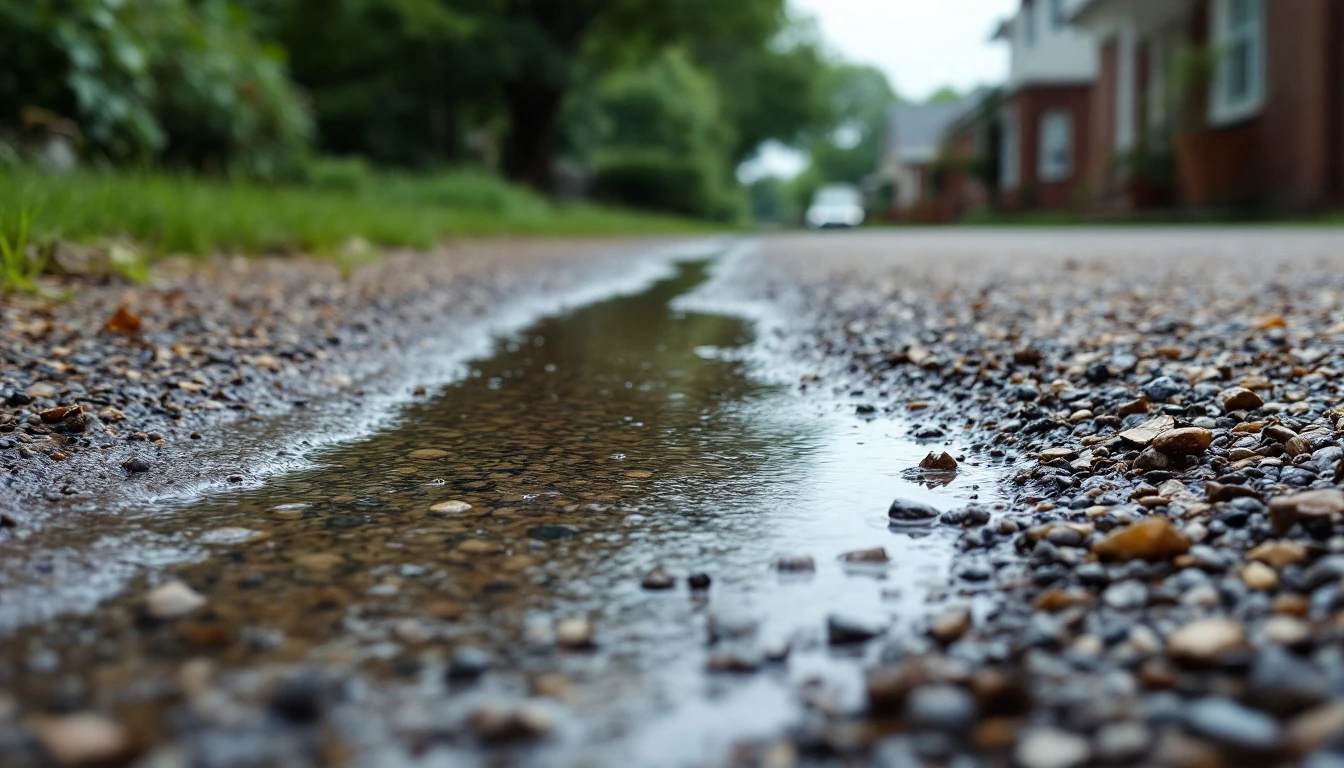 Rain puddles draining into a gravel drive after a storm