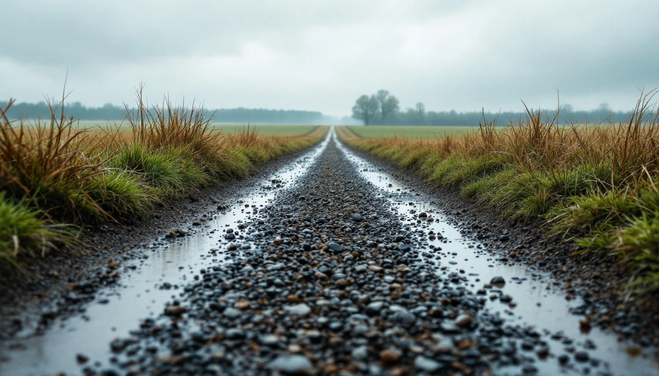 Damp gravel approach curving between field edges after steady rain