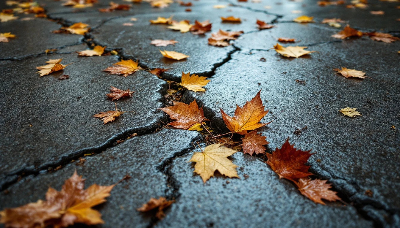 Wet autumn leaves settled into cracks across a concrete driveway