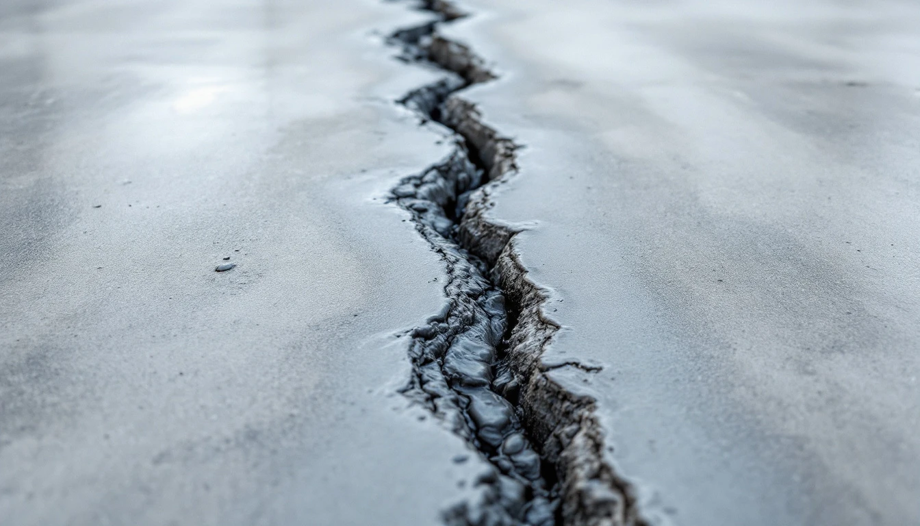 Wet gray mortar smoothed into a long crack across a concrete driveway