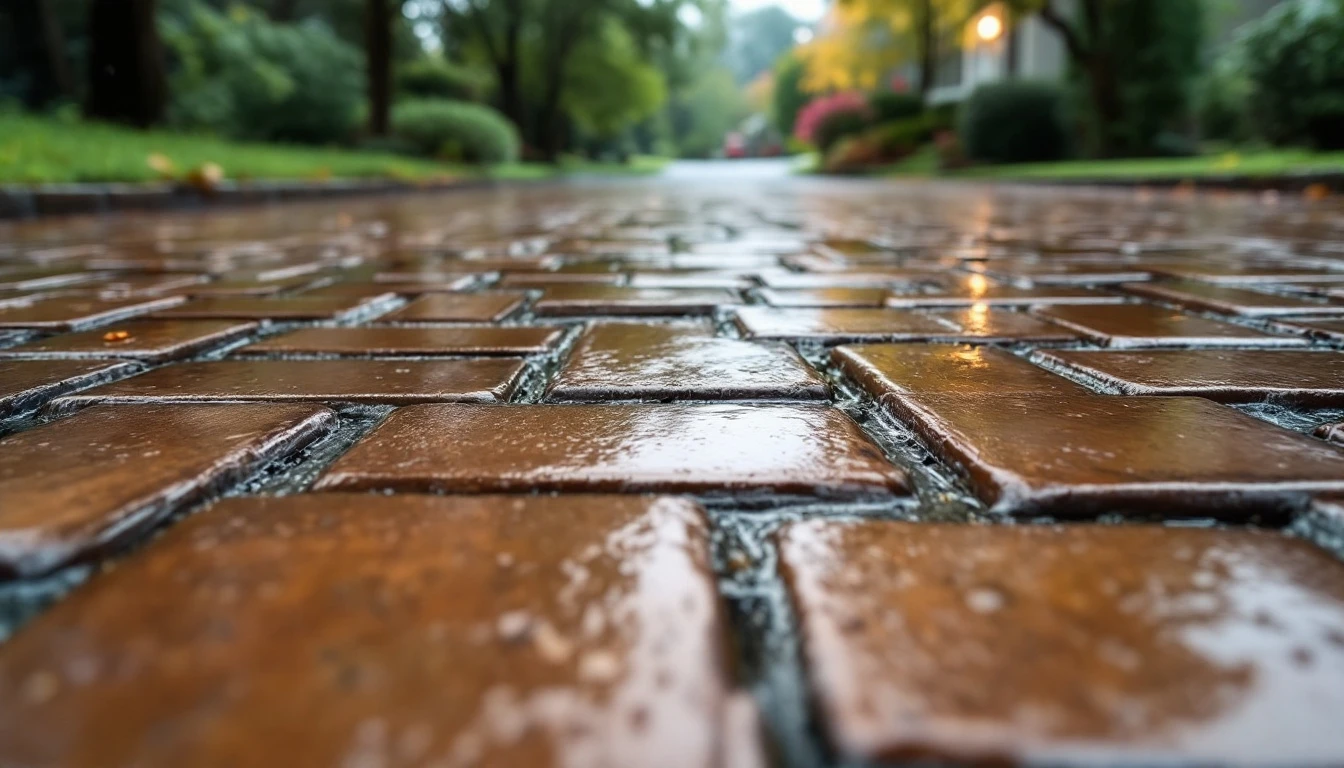 Rain wet sealed paver drive seen from low angle