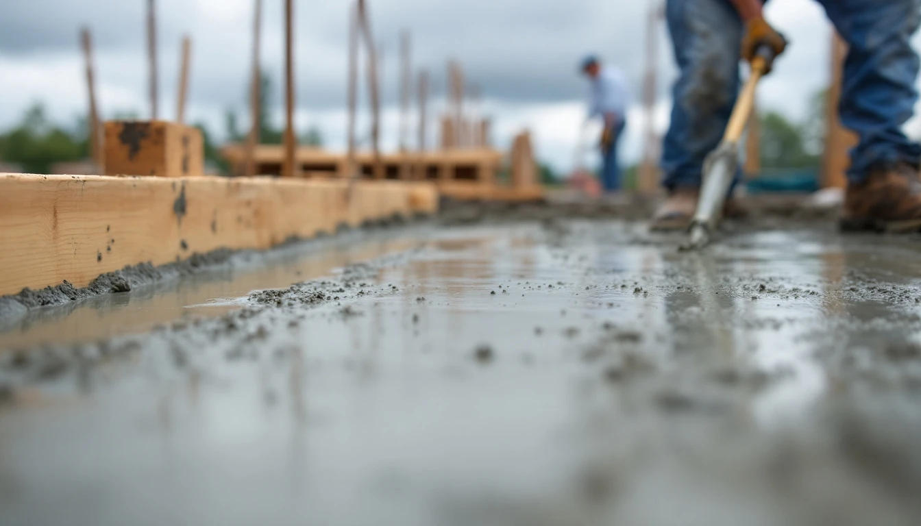 Wet concrete poured between wooden forms at an active work site