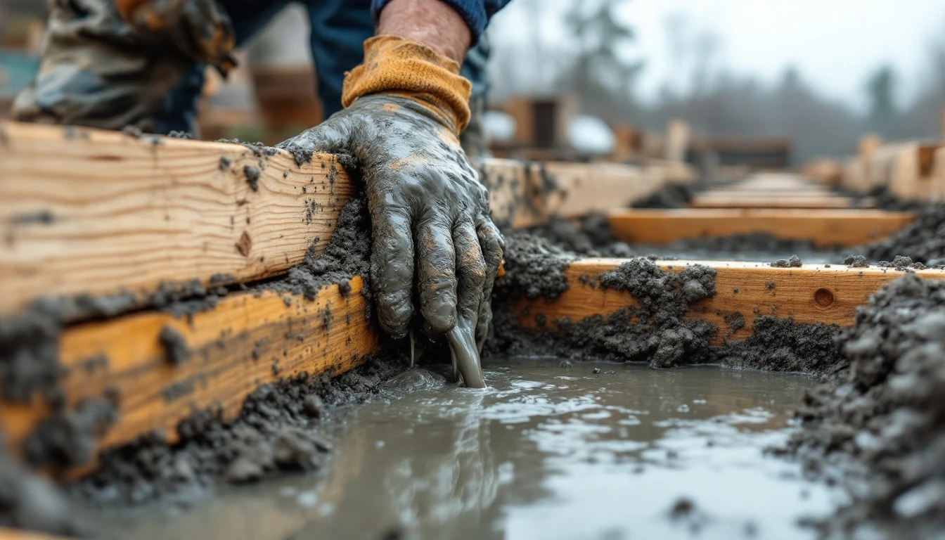 Wet concrete flowing into wooden forms at a driveway pour site