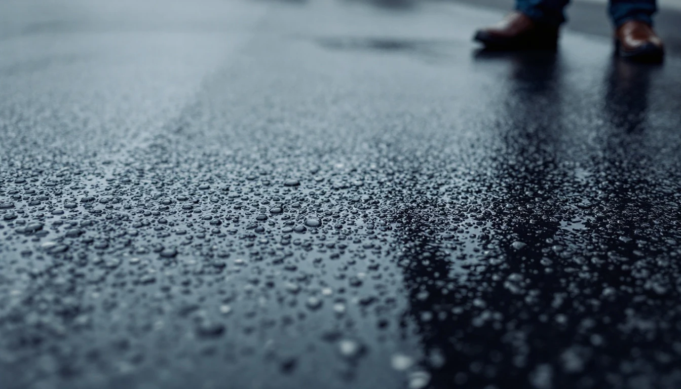 Close view of glossy wet sealant spread over dark asphalt