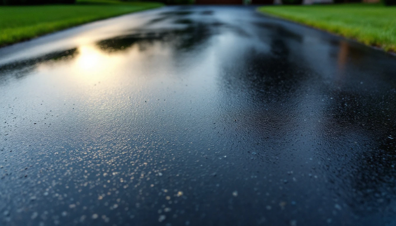 Wet sealed asphalt drive reflecting pale sky after a rain shower