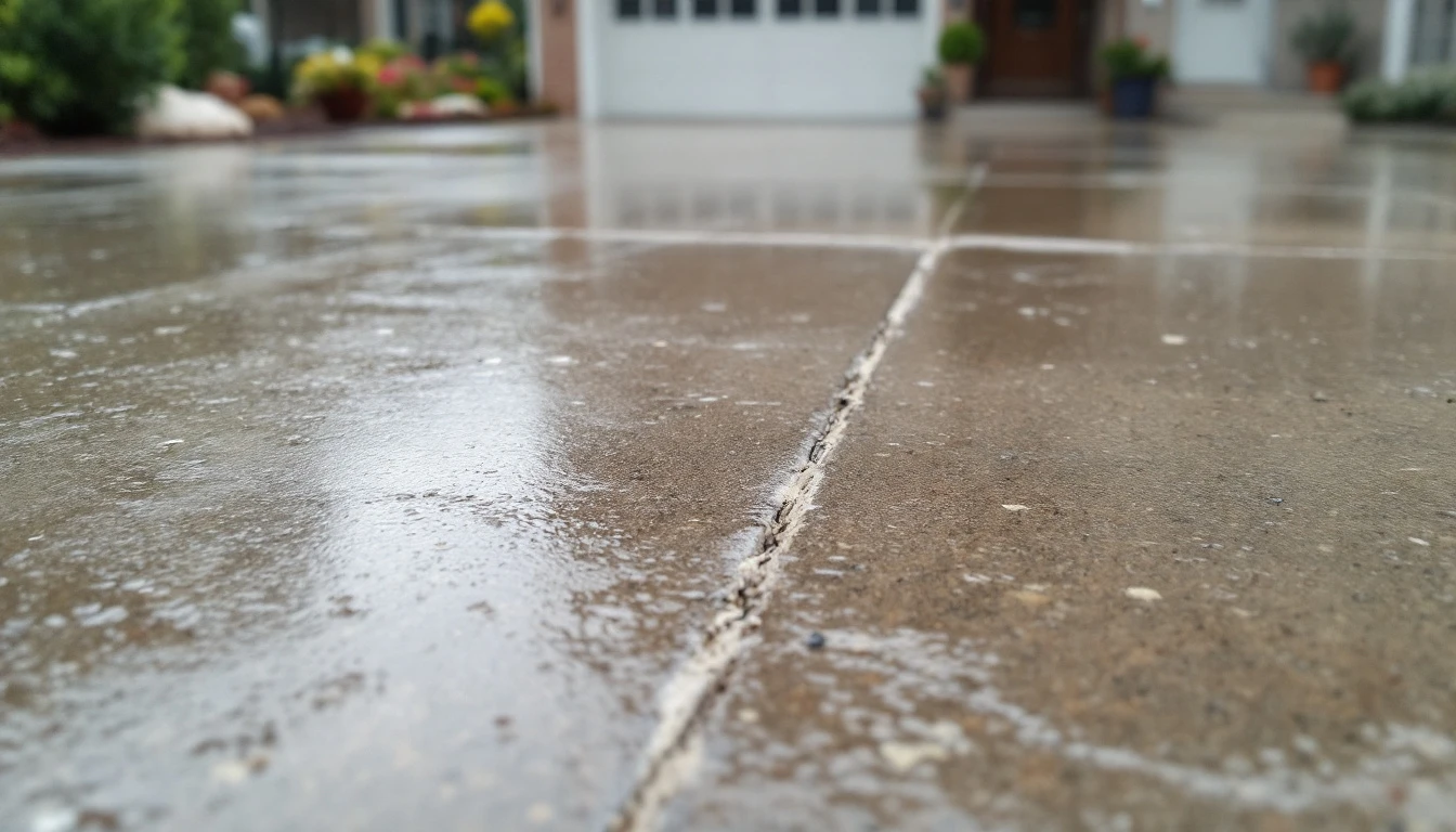 Sealed concrete driveway glistening wet under a gray sky