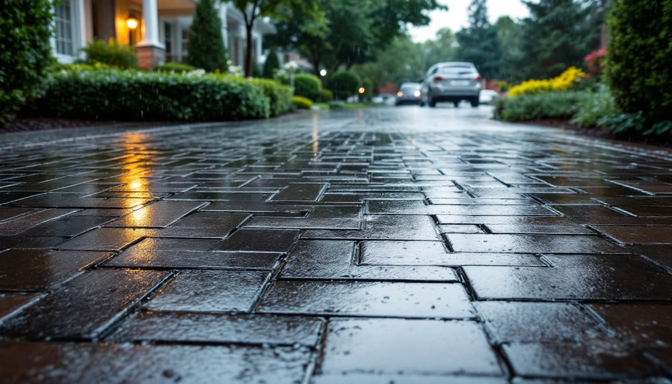 Rain darkened sealed paver driveway seen from an elevated view