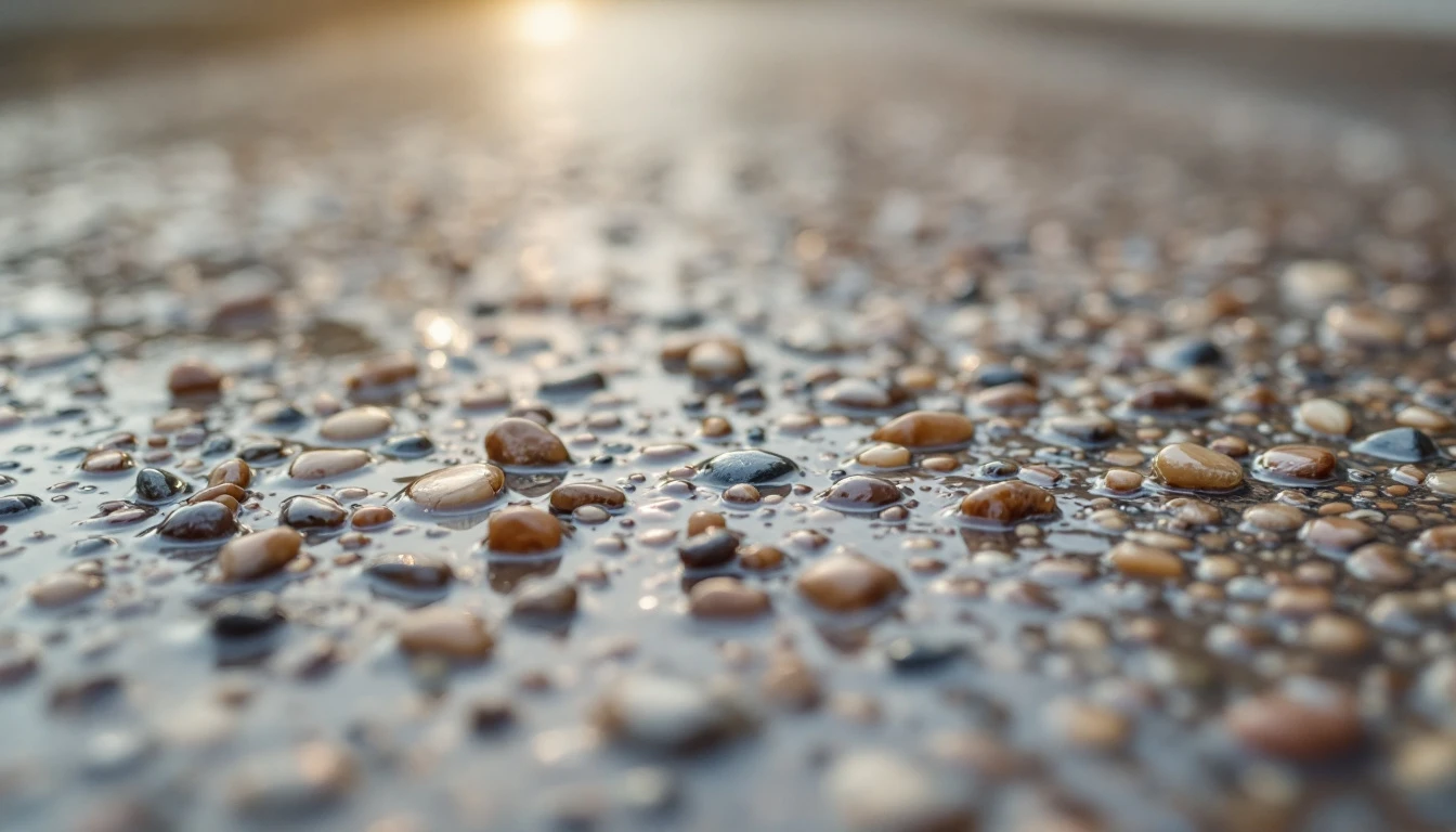 Glossy wet sheen over pebbled concrete after a rain shower