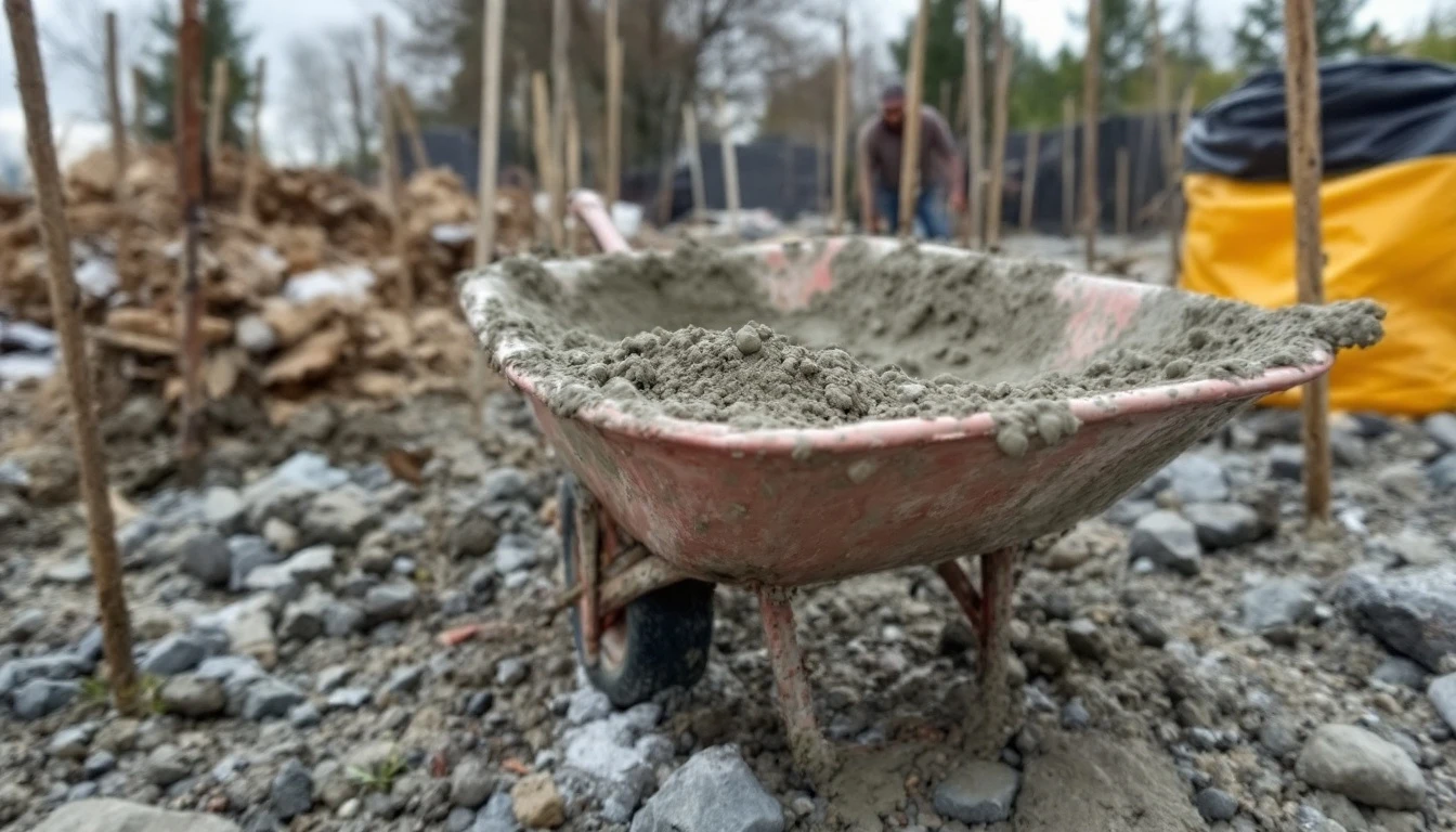 Wheelbarrow of wet concrete beside staked forms on a gravel base