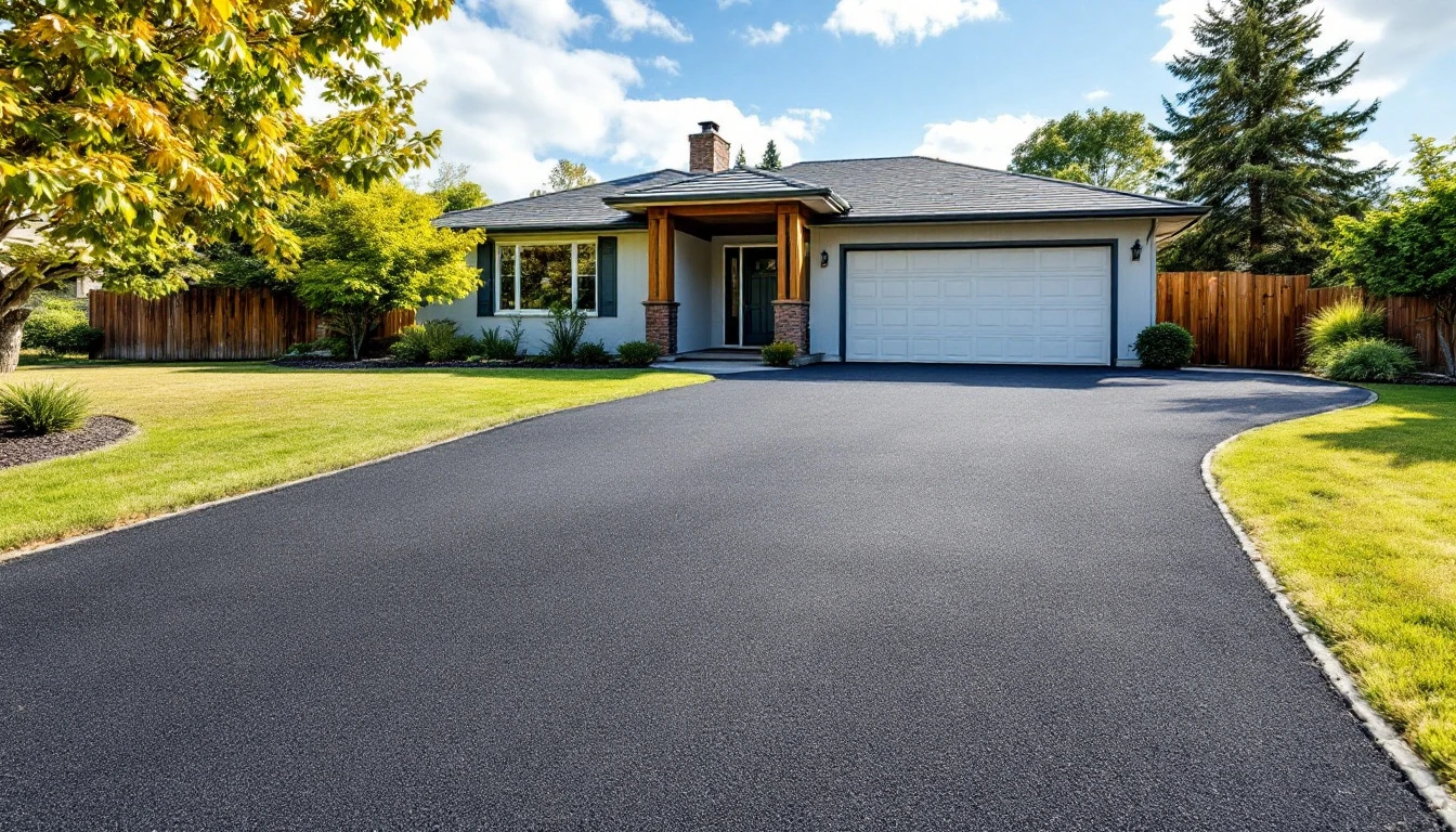 Wide new asphalt drive in front of a single story home