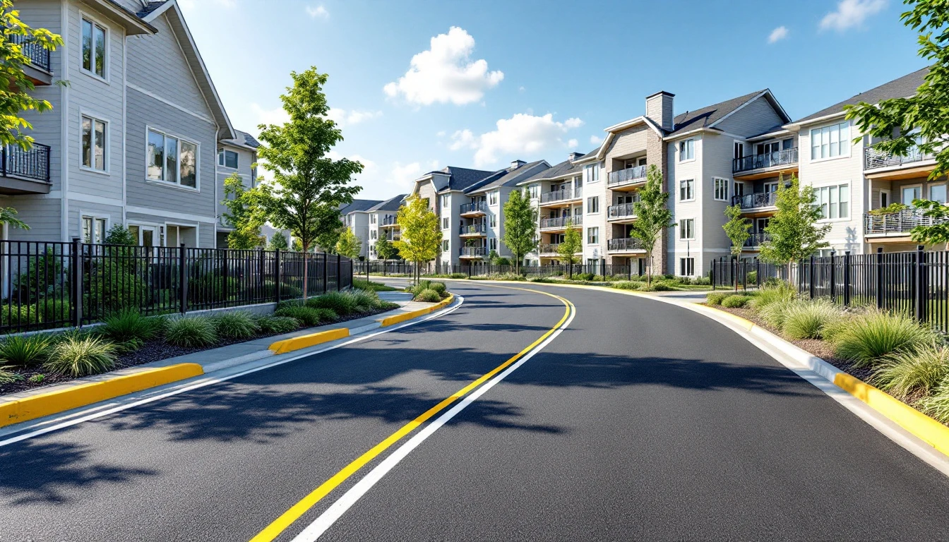 Wide new asphalt entry lane curving past shared parking bays
