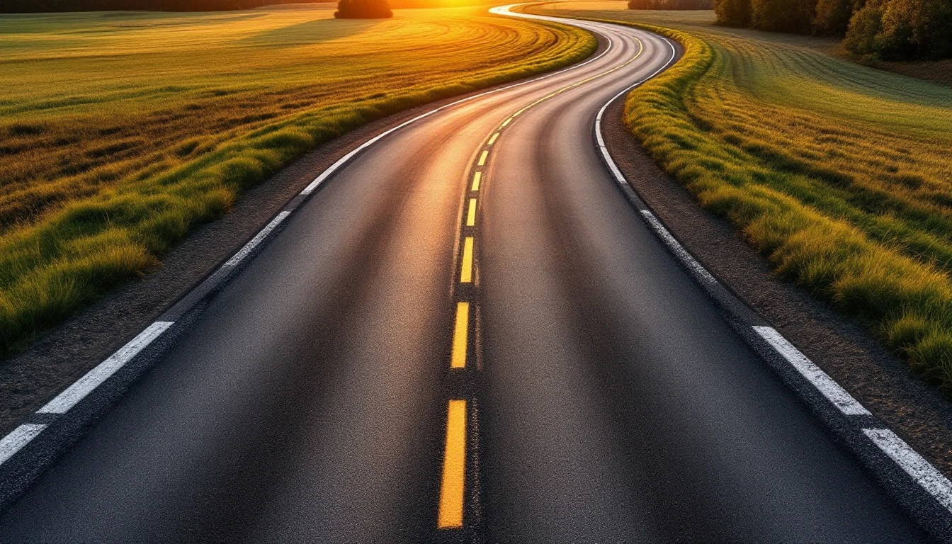 Wide asphalt turnaround apron curving through open grassy ground