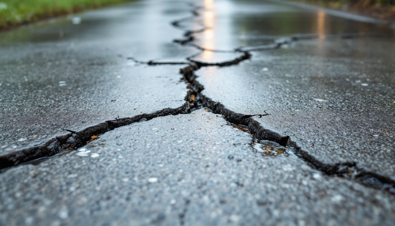 Wide crack splitting a rain wet concrete driveway panel close view