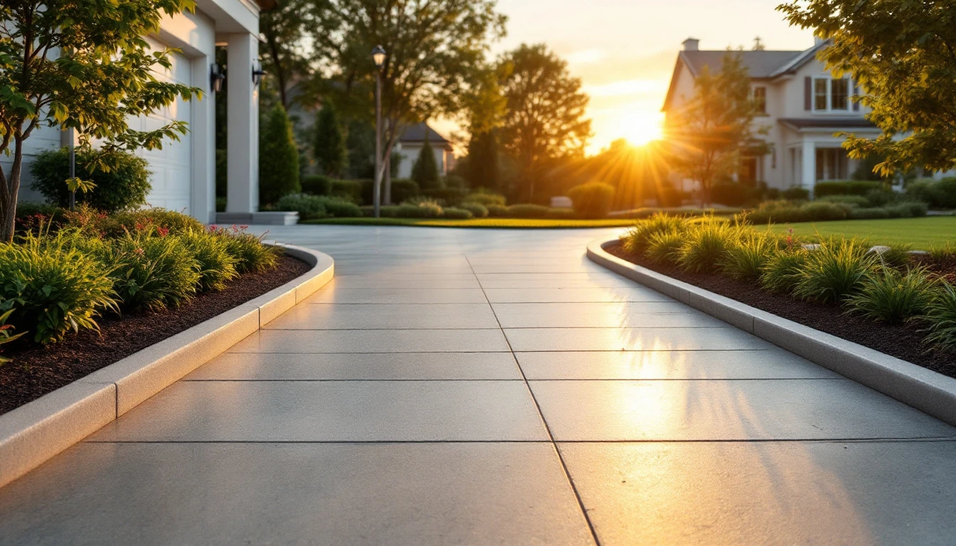 Clean new concrete driveway entrance with a wide curb cut