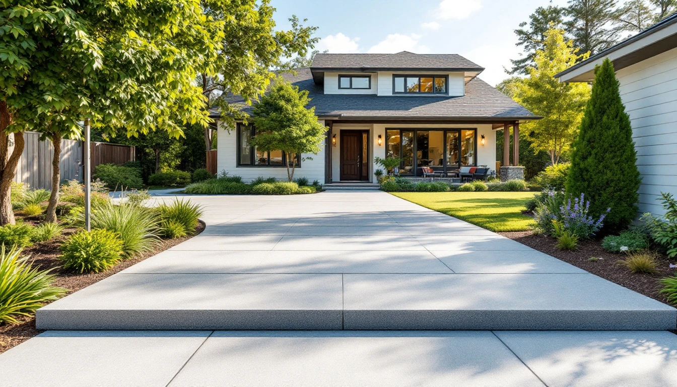 Wide smooth concrete driveway with a flush level walkway entry