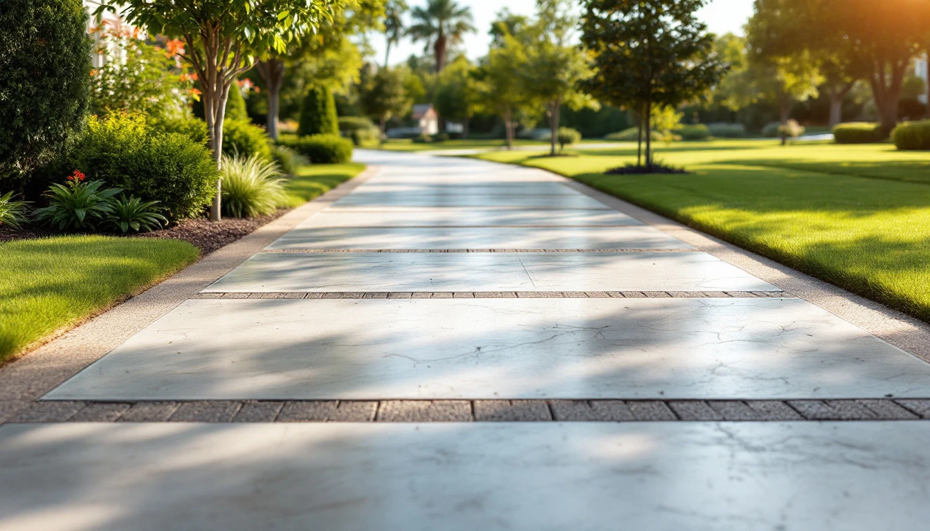 Wide new concrete front drive with clean sawn control joints