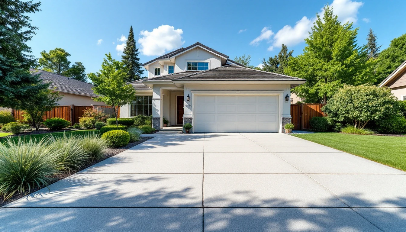 Wide smooth concrete drive running straight to a garage