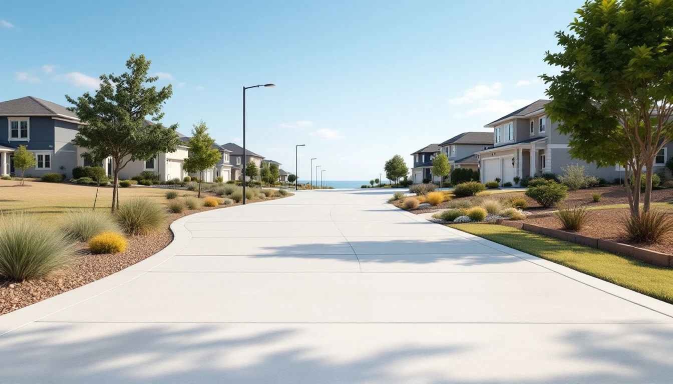 Wide smooth concrete driveway with a gentle entry curve