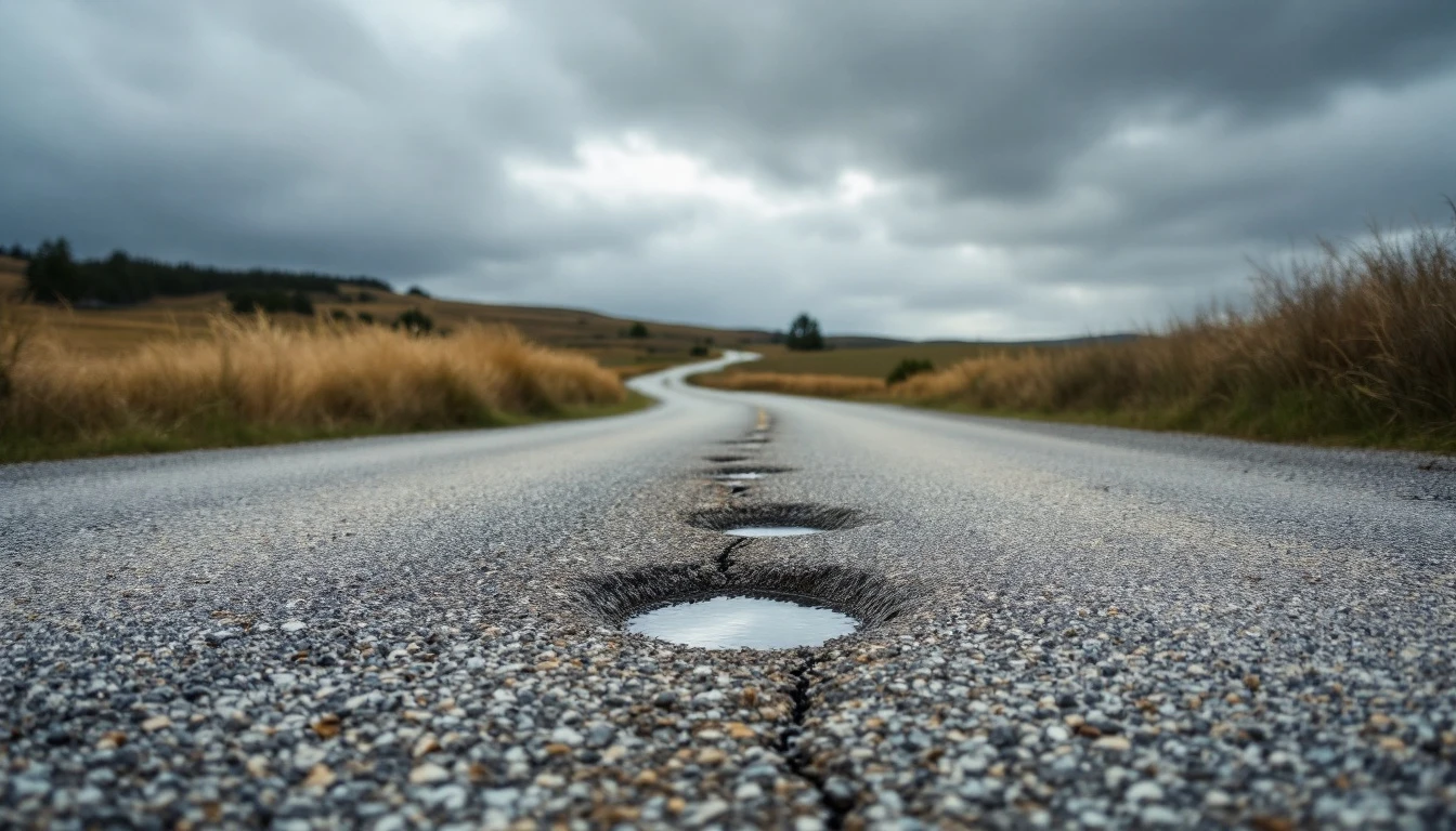 Winding gravel drive with shallow potholes under gray skies