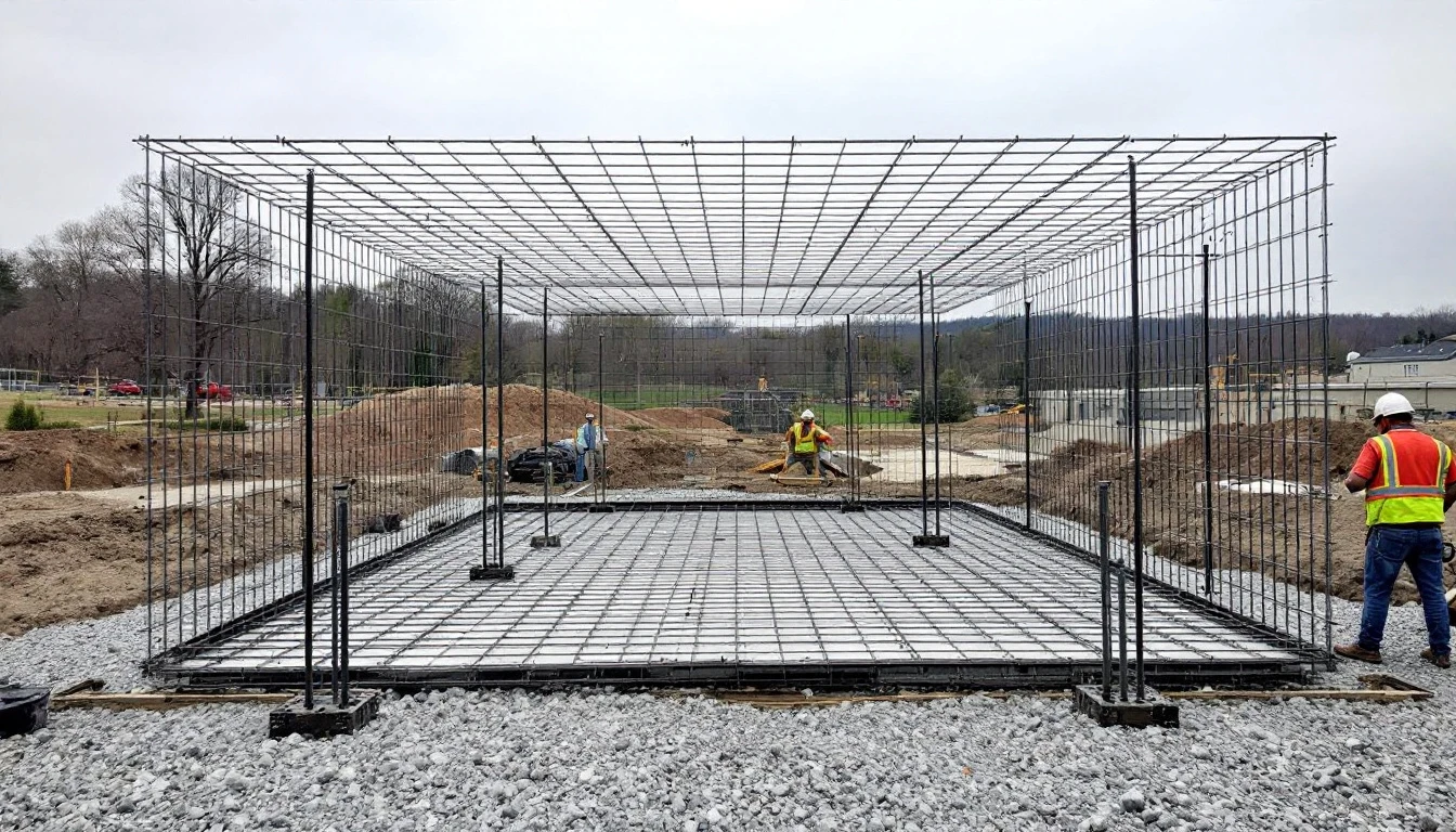Steel wire mesh raised on chairs over a prepared gravel bed