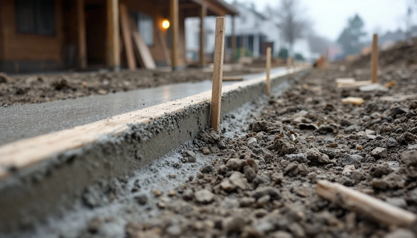 Wooden forms and stakes edging a freshly poured concrete drive strip