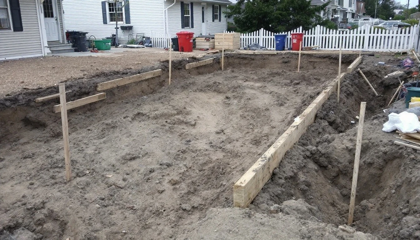 Excavated driveway base lined with wooden form boards under gray skies