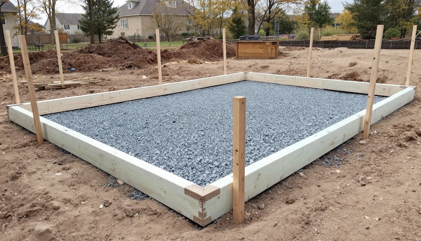 Wooden forms staked around a raked gravel bed awaiting a pour