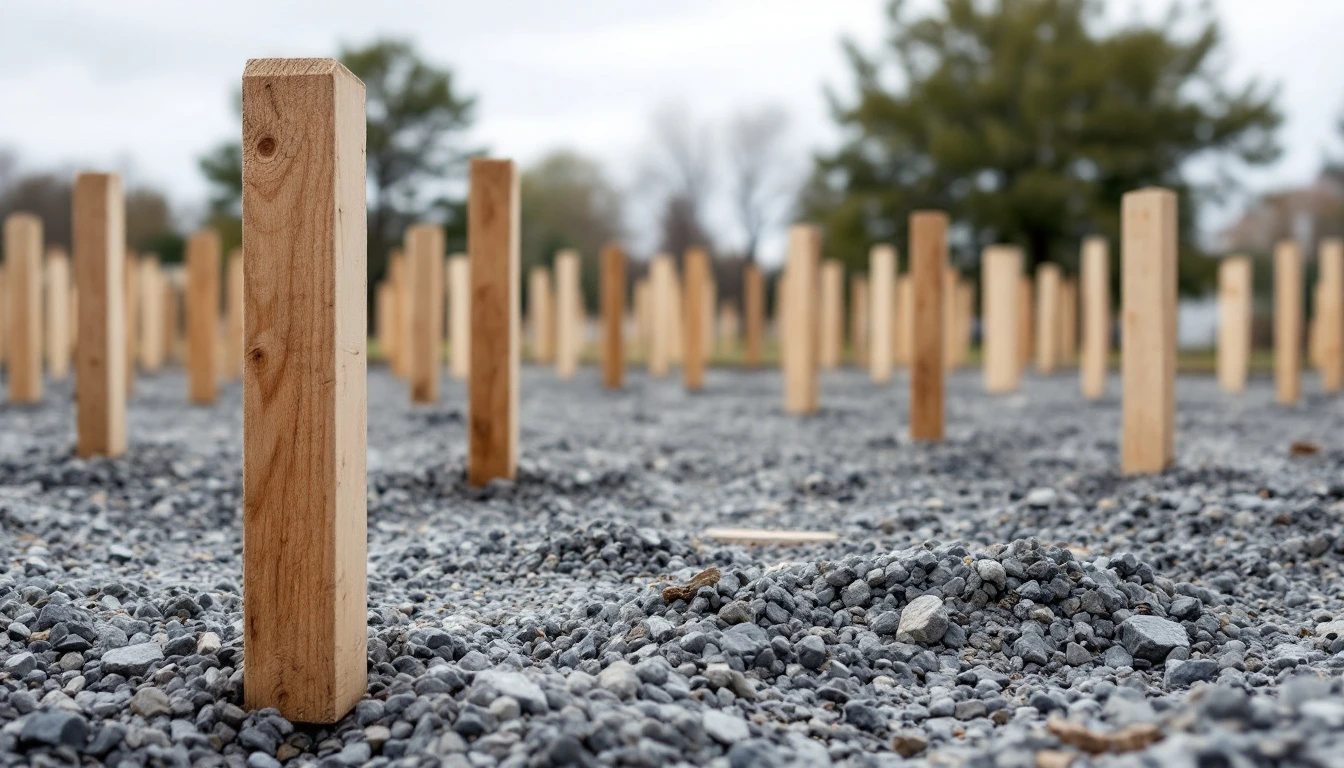 Wooden stakes and string lines laid over a graded gravel bed