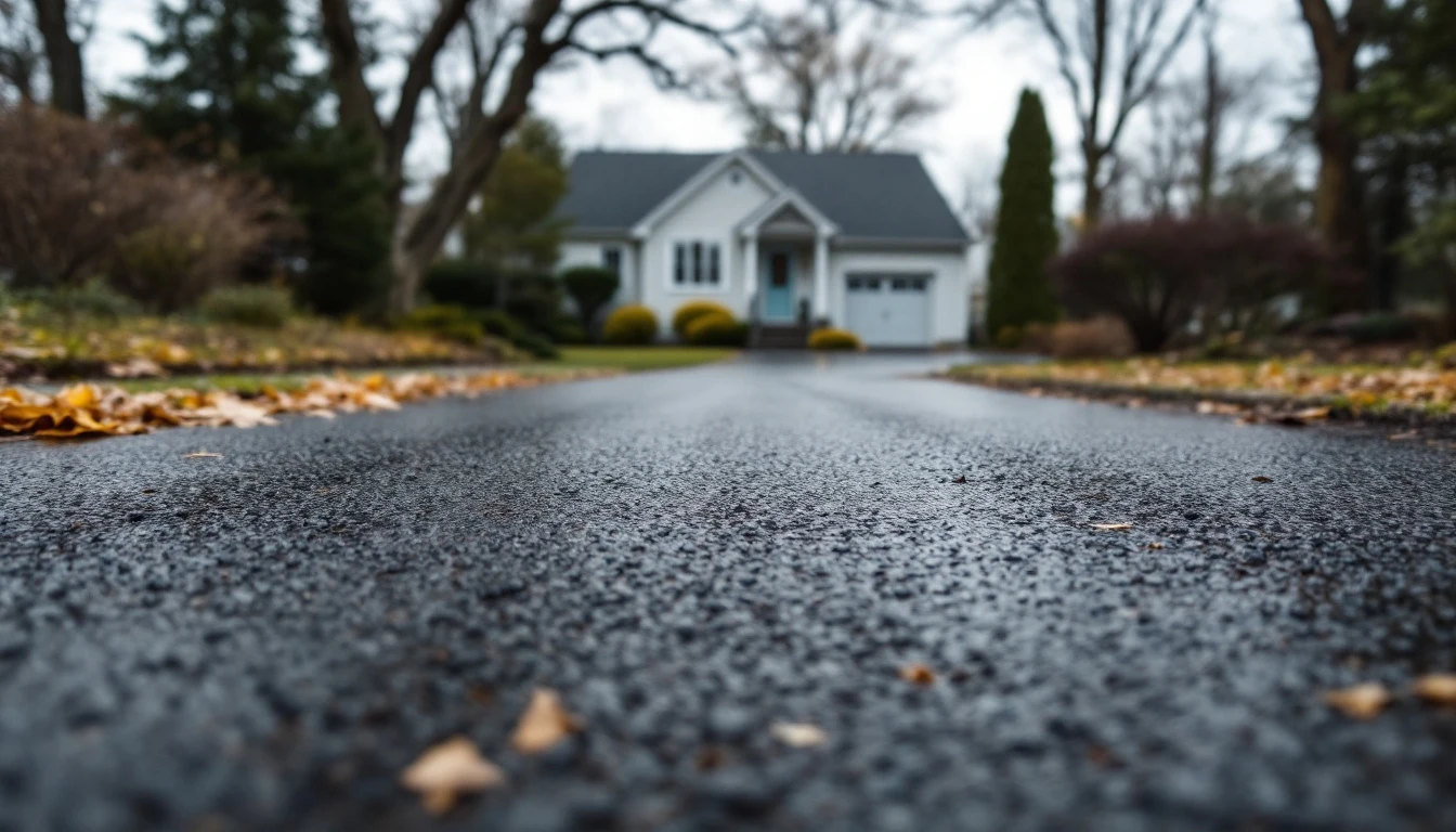Older faded driveway surface in front of a modest single story home