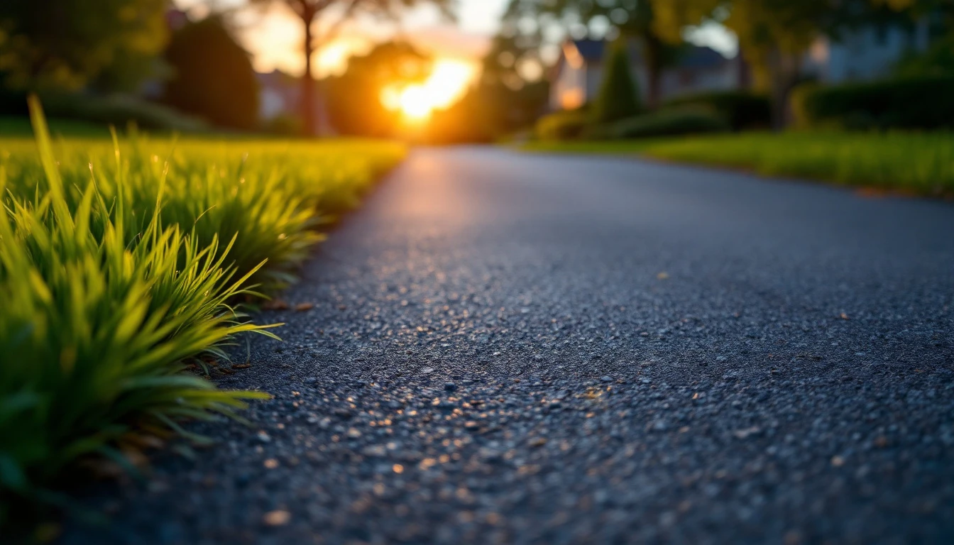 Weathered asphalt driveway beside a tidy lawn in warm evening light