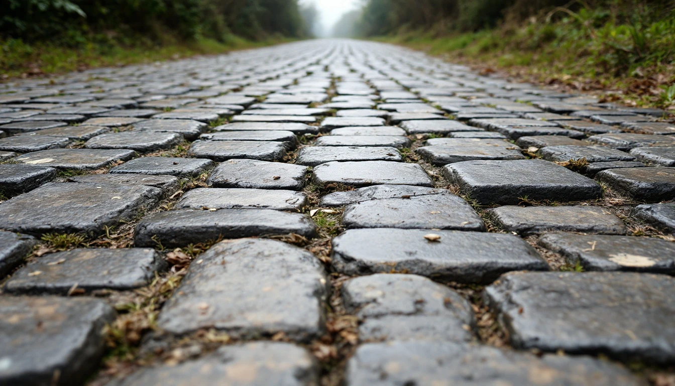 Weathered cobblestone lane with worn wheel tracks under an overcast sky